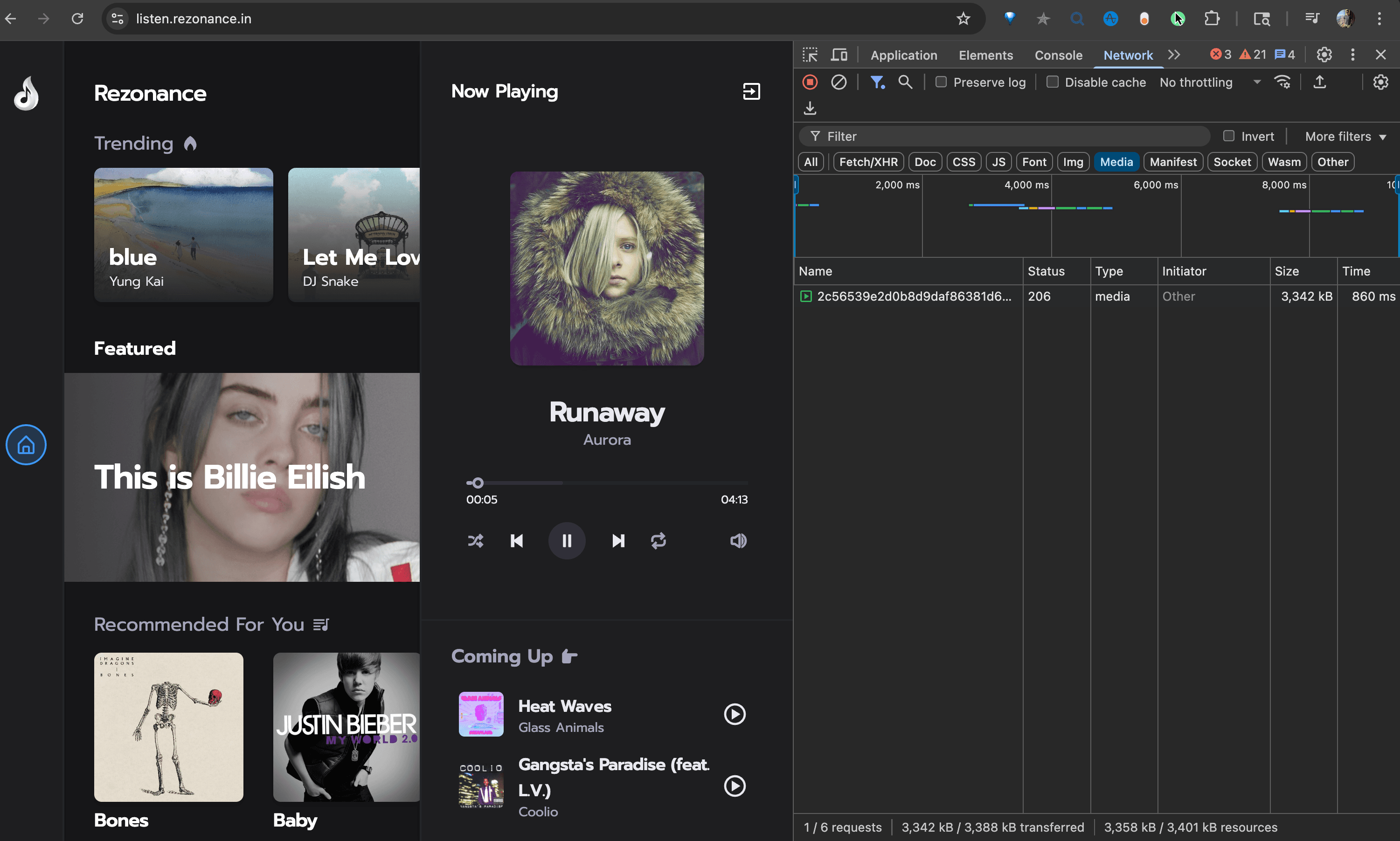 Network tab showing the initial audio request when clicking play - single 206 request with 3,342 kB transferred