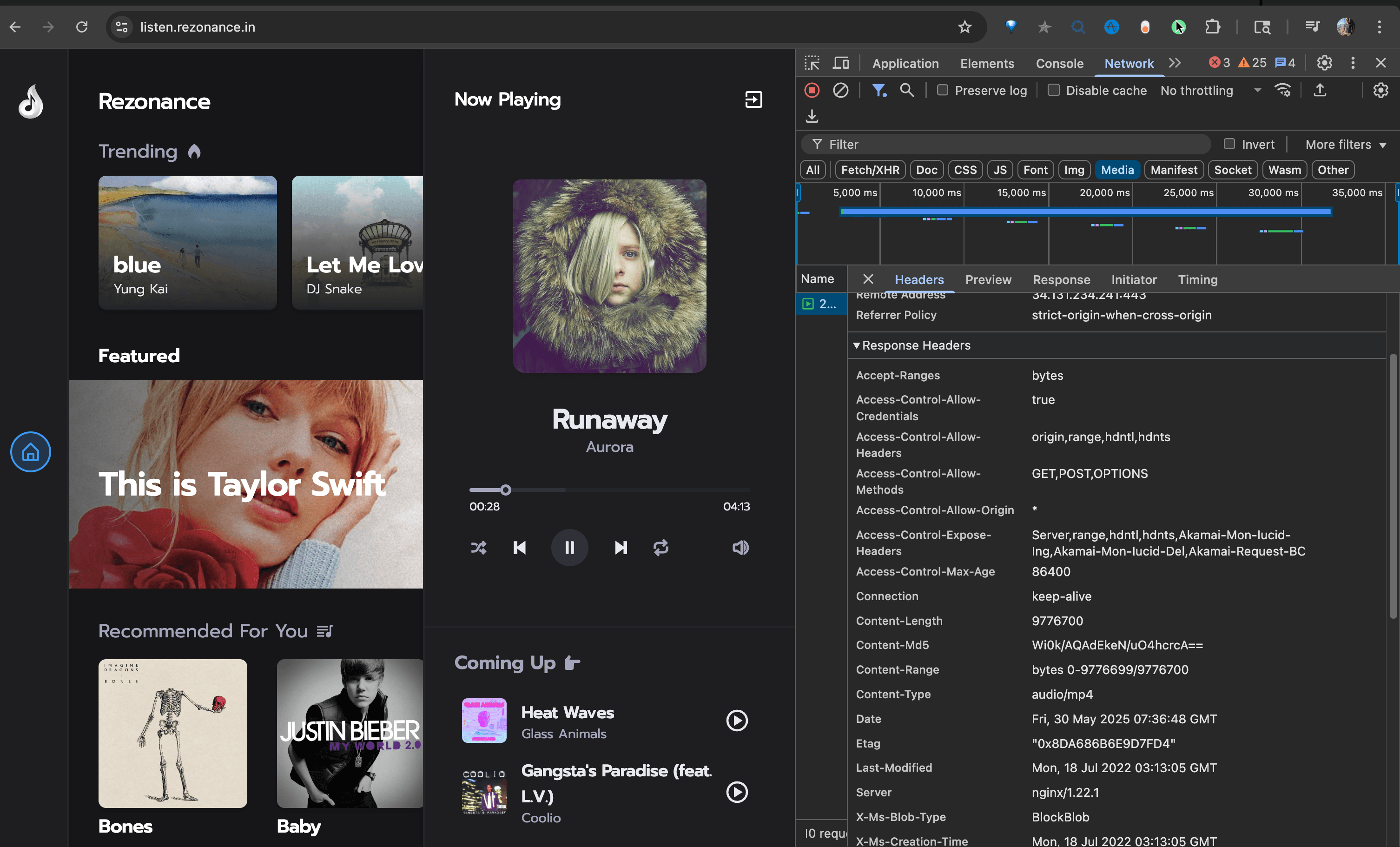Network tab showing detailed headers with Content-Range bytes 0-9776699/9776700