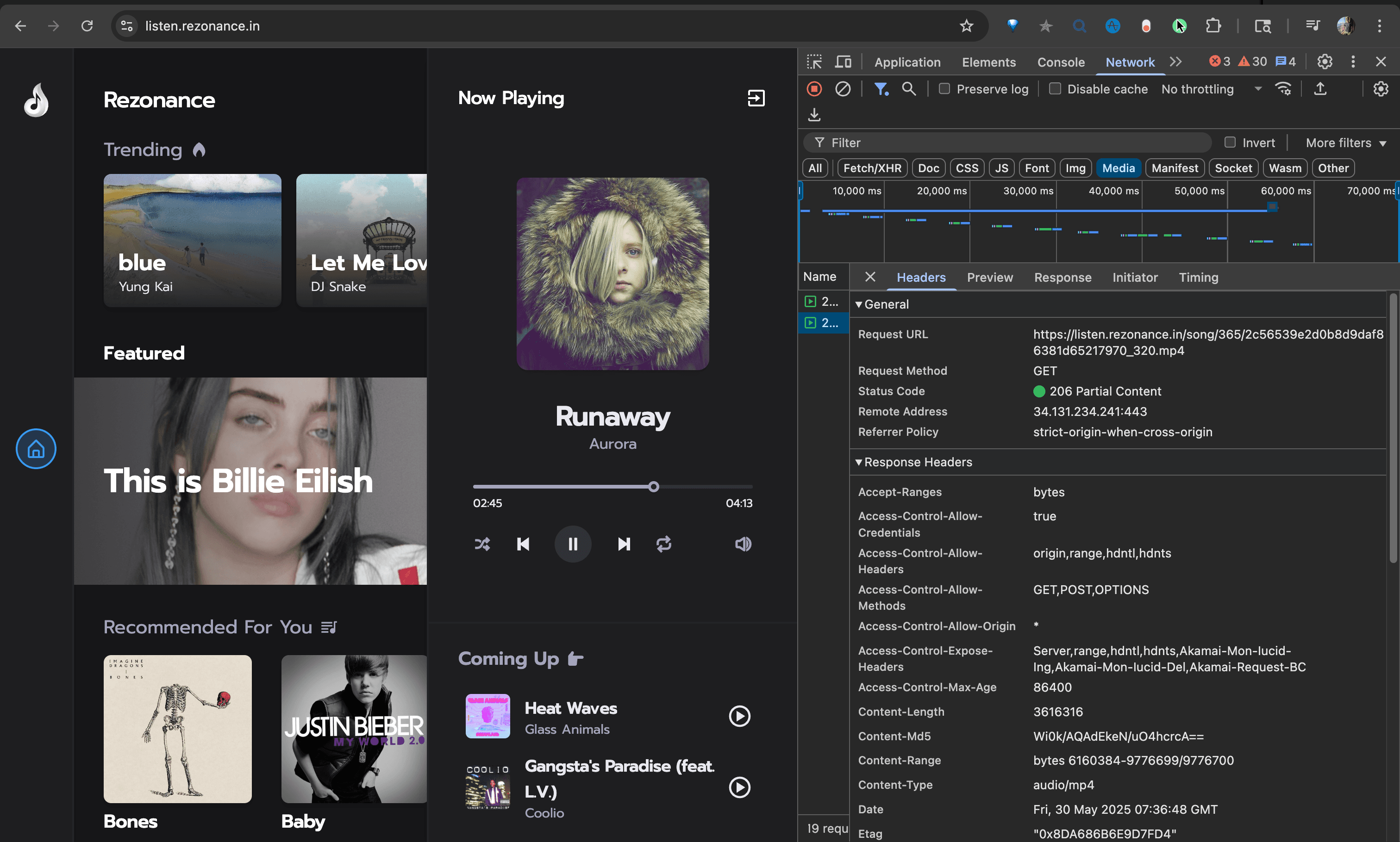Network tab showing new request after seeking - fresh 206 request with 5,456 kB